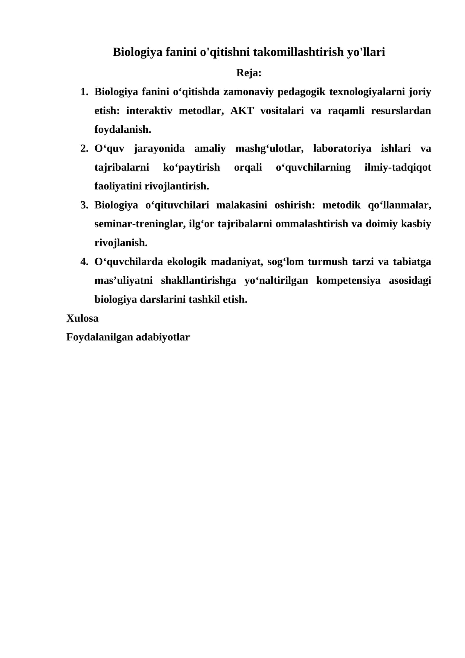 Biologiya fanini o'qitishni takomillashtirish yo'llari