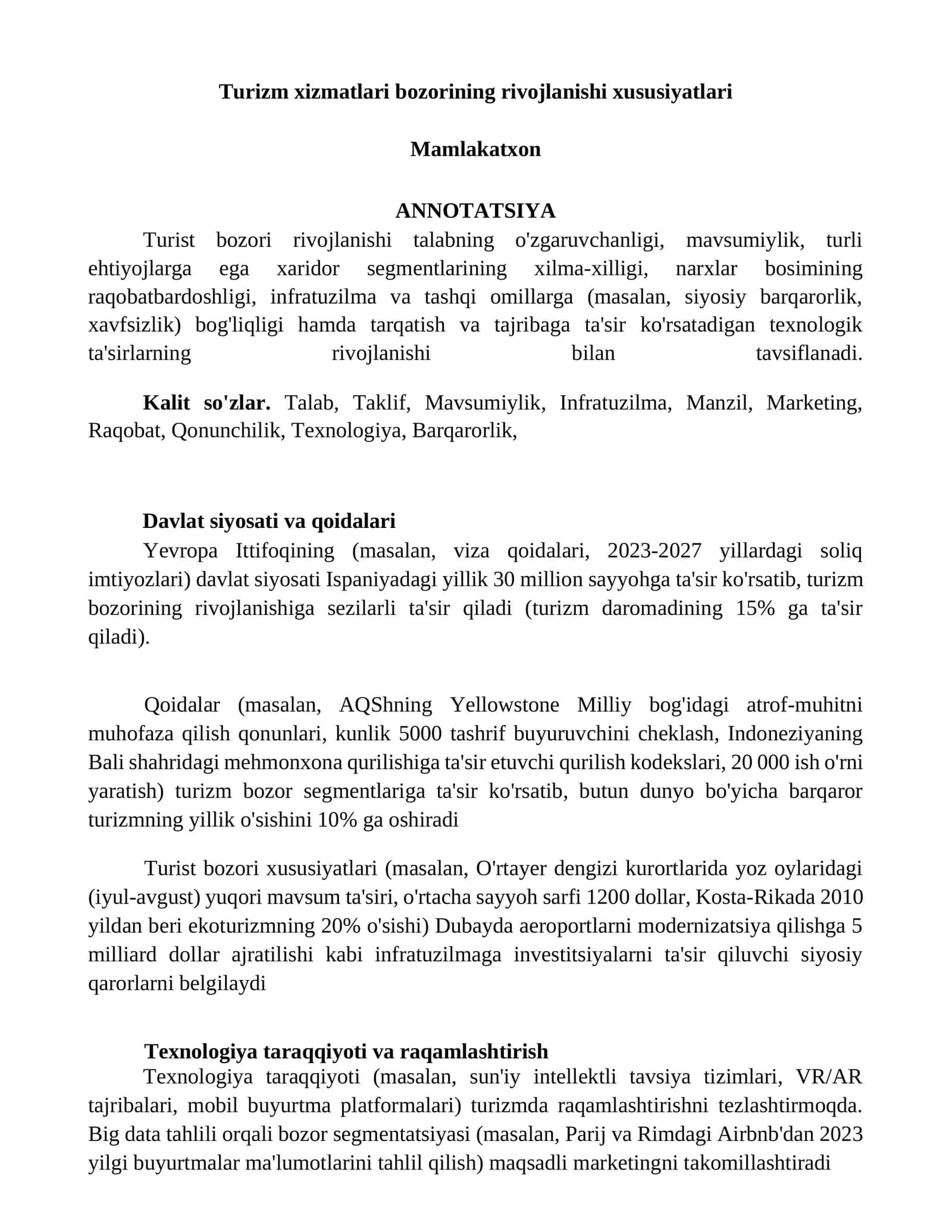 Turizm xizmatlari bozorining rivojlanishi xususiyatlari