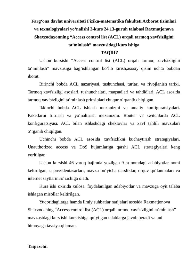 Access control list (ACL) orqali tarmoq xavfsizligini ta‘minlash