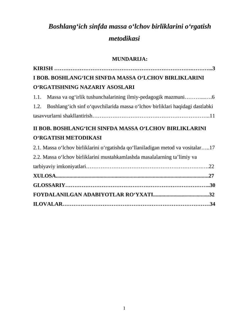 Boshlang'ich sinfda massa o'lchov birliklarini o'rgatish metodikasi