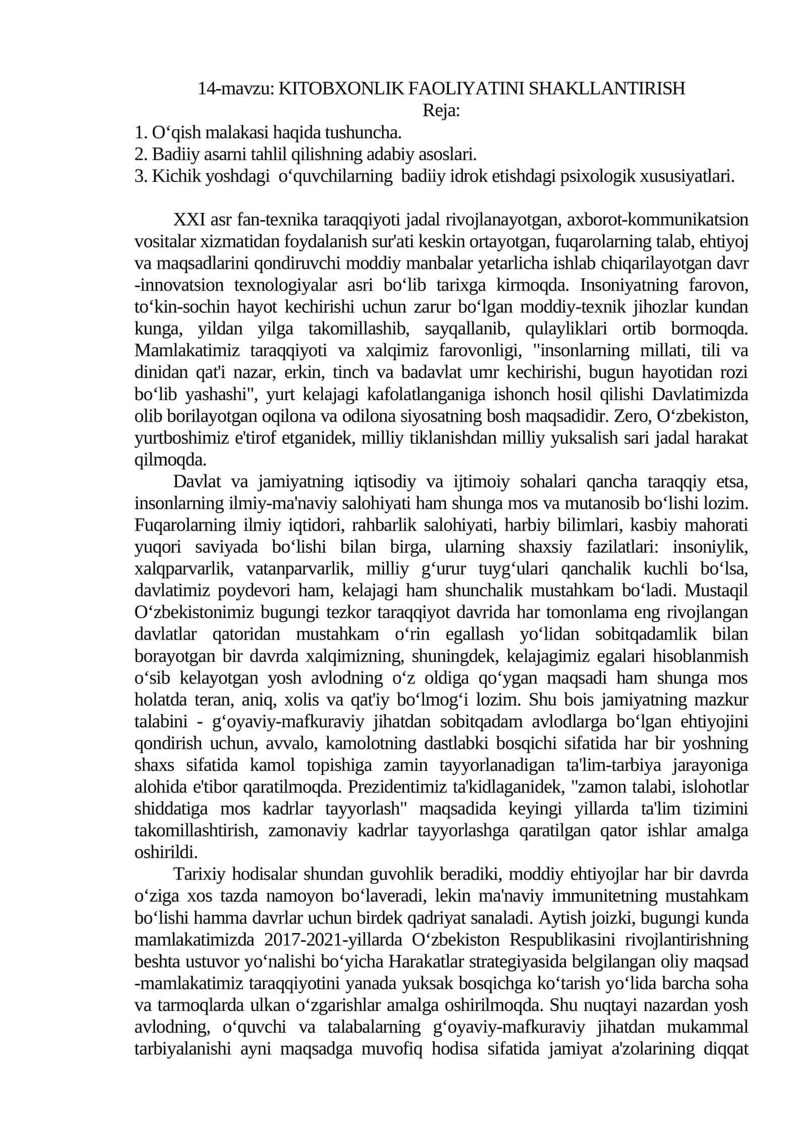 KITOBXONLIK FAOLIYATINI SHAKLLANTIRISH