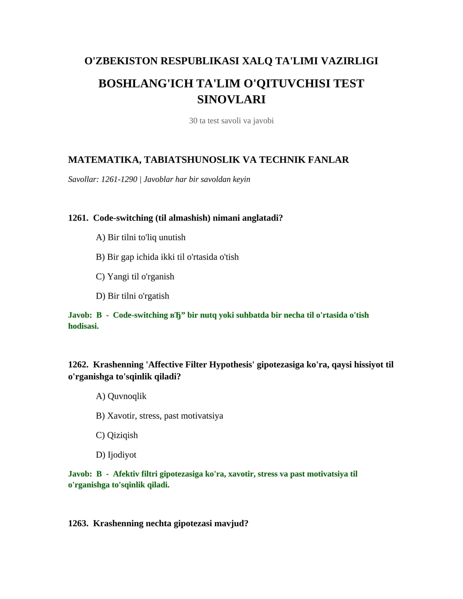 BOSHLANG'ICH TA'LIM O'QITUVCHISI TEST SINOVLARI