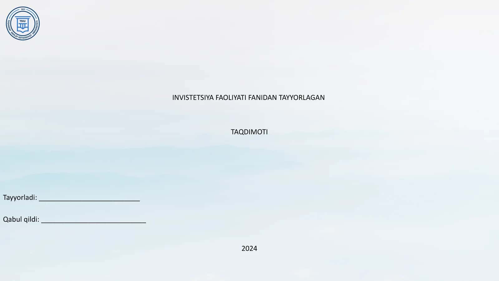 INVISTETSIYA FAOLIYATI FANIDAN TAYYORLAGAN TAQDIMOTI
