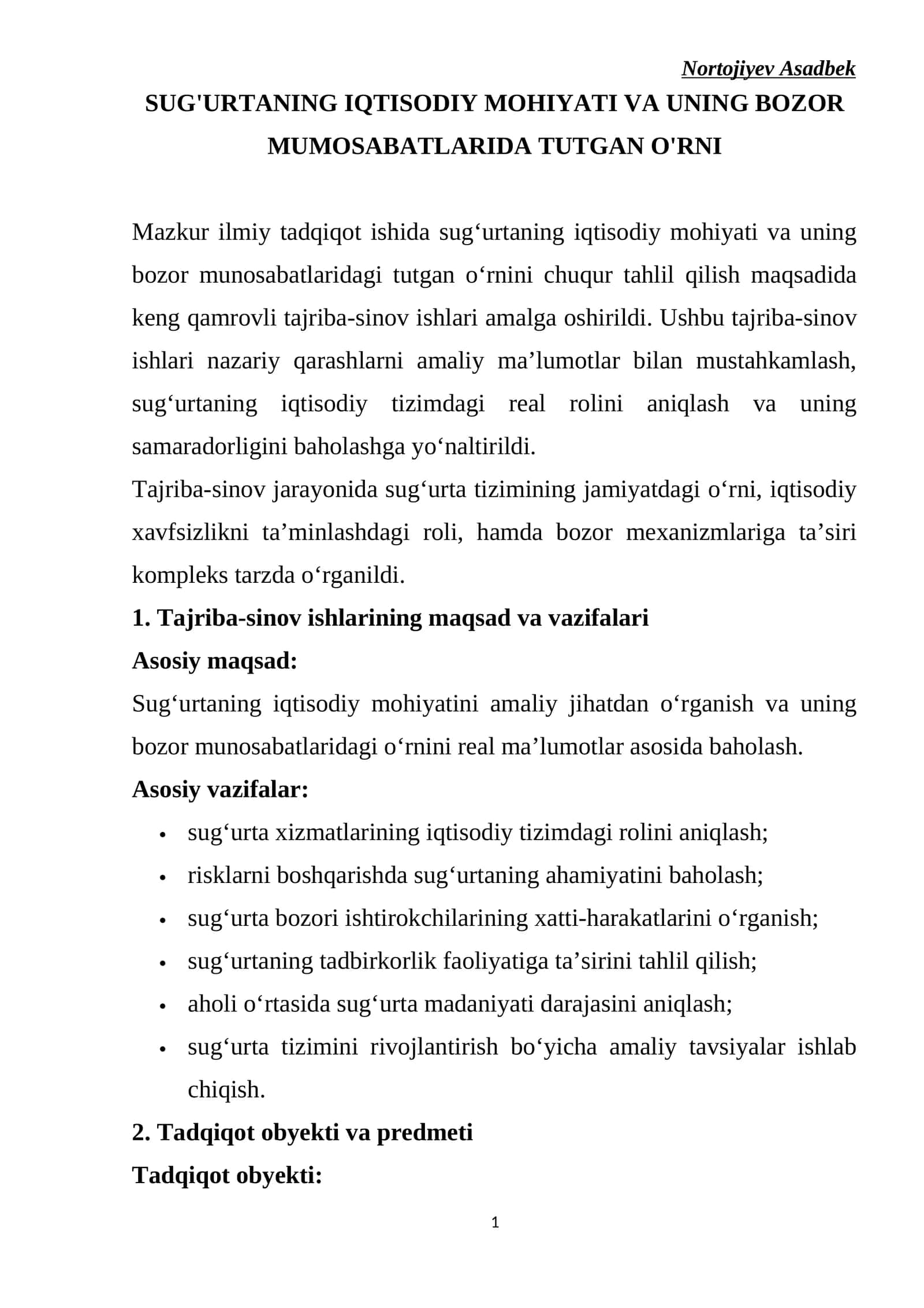 SUG'URTANING IQTISODIY MOHIYATI VA UNING BOZOR MUMOSABATLARIDA TUTGAN O'RNI
