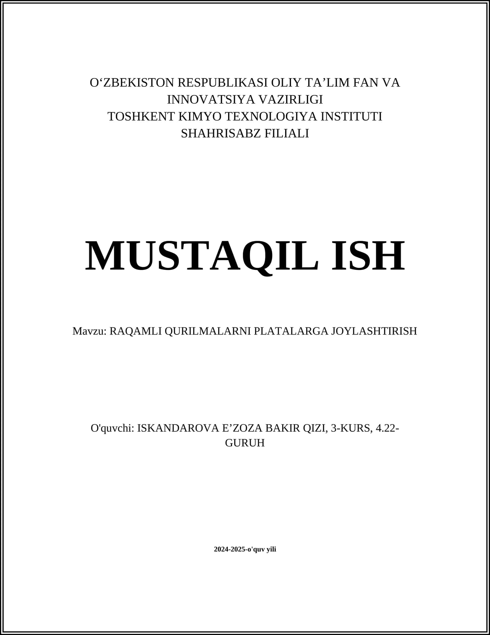 RAQAMLI QURILMALARNI PLATALARGA JOYLASHTIRISH