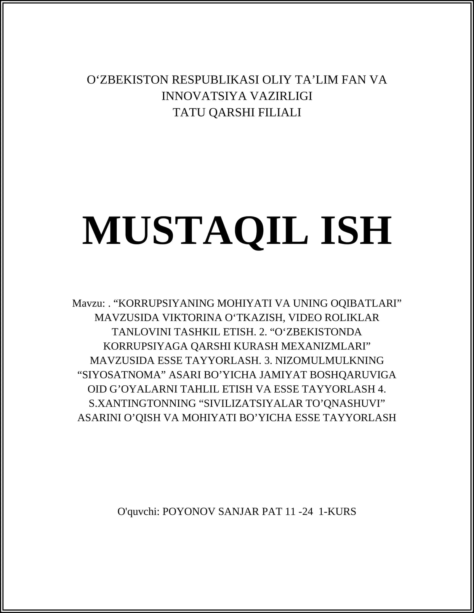 “KORRUPSIYANING MOHIYATI VA UNING OQIBATLARI” VIKTORINASI