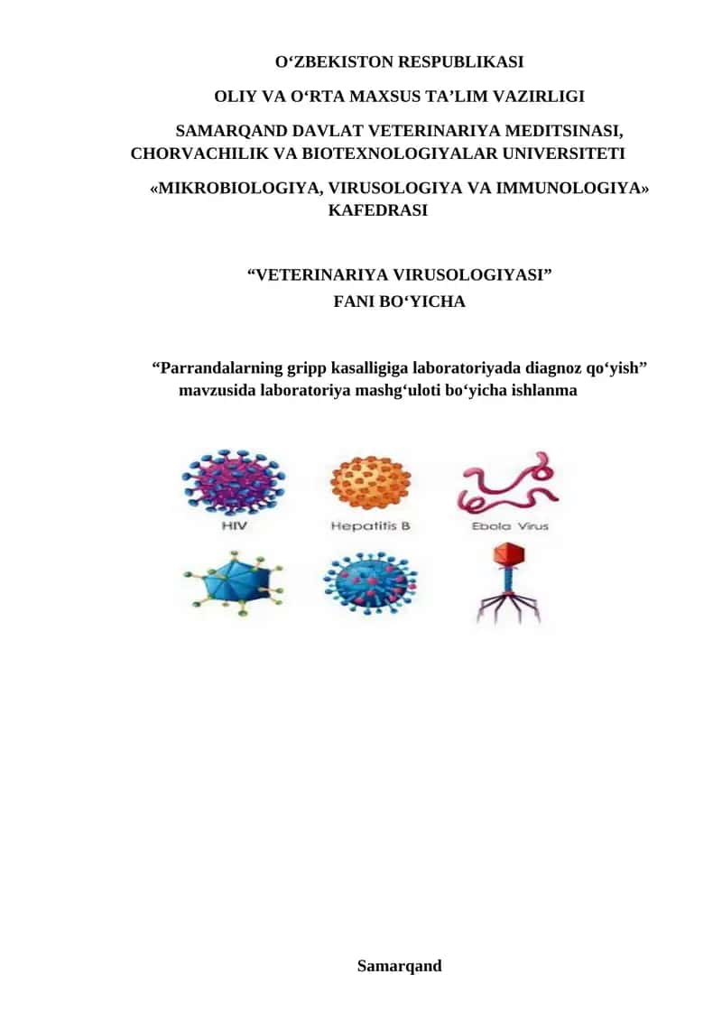 "Parrandalarning gripp kasalligiga laboratoriyada diagnoz qo‘yish" ishlanma