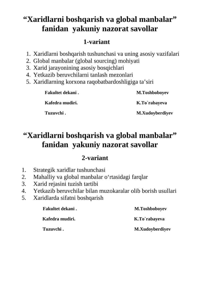 Xaridlarni boshqarish va global manbalar