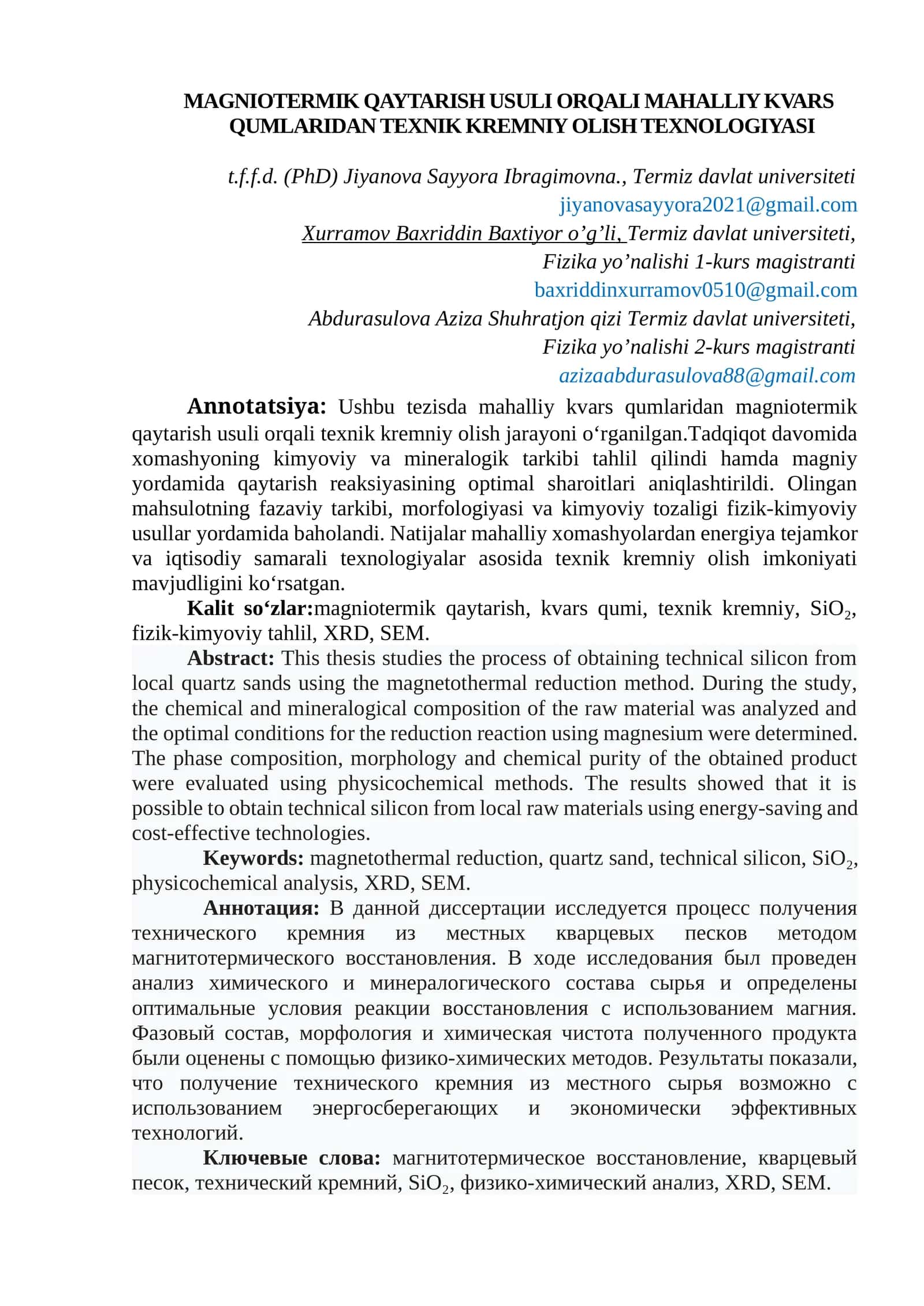 MAGNIOTERMIK QAYTARISH USULI ORQALI MAHALLIY KVARS QUMLARIDAN TEXNIK KREMNIY OLISH TEXNOLOGIYASI