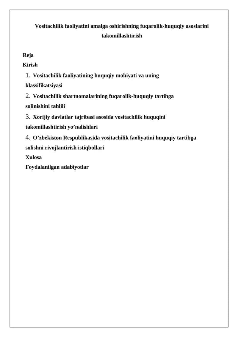 Vositachilik faoliyatini amalga oshirishning fuqarolik-huquqiy asoslarini takomillashtirish