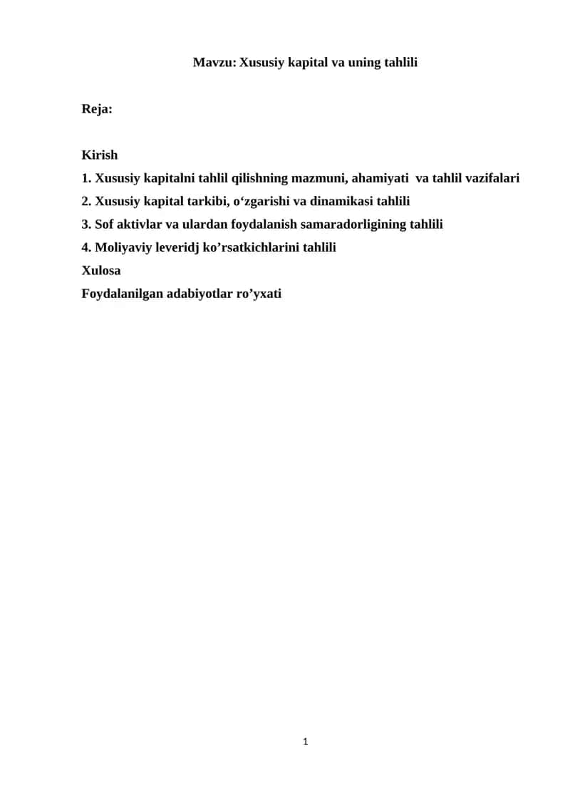 Xususiy kapital va uning tahlili