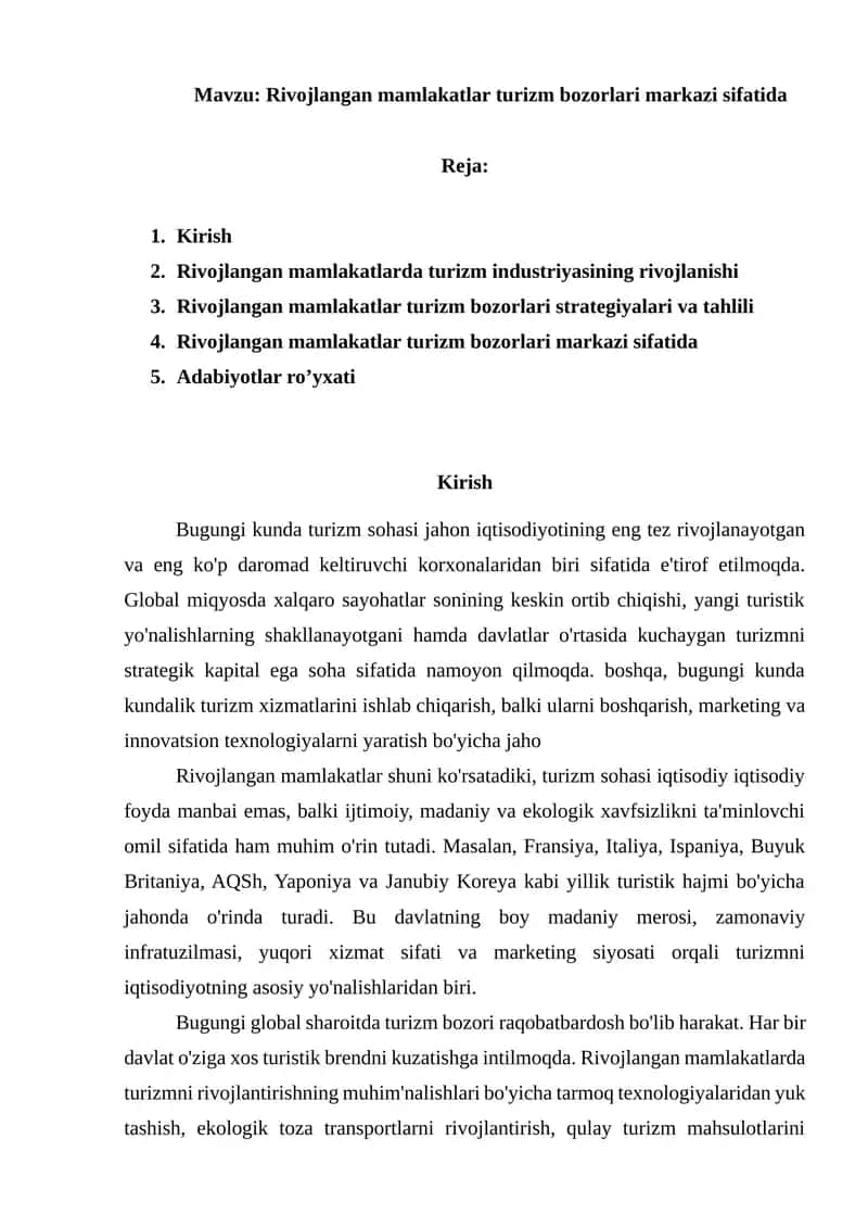 Rivojlangan mamlakatlar turizm bozorlari markazi sifatida