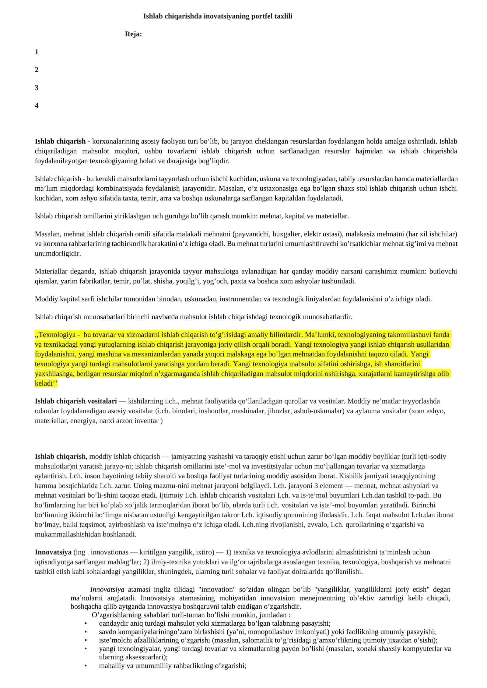 Ishlab chiqarishda innovatsiyaning portfel taxlili