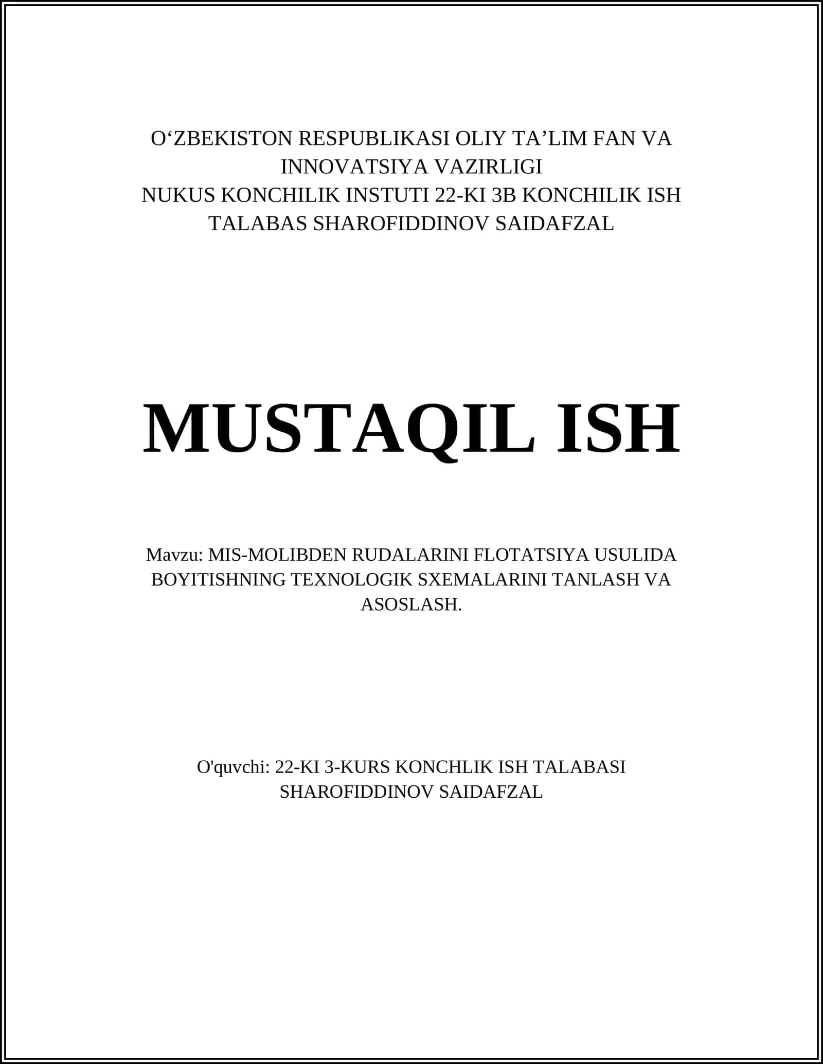 MIS-MOLIBDEN RUDALARINI FLOTATSIYA TEXNOLOGIYASINING ASOSLARI