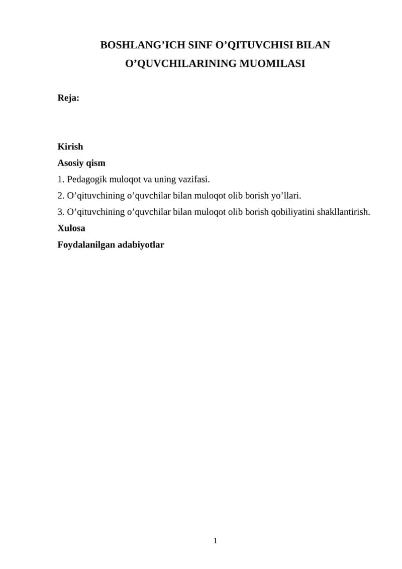 BOSHLANG’ICH SINF O’QITUVCHISI BILAN O’QUVCHILARINING MUOMILASI