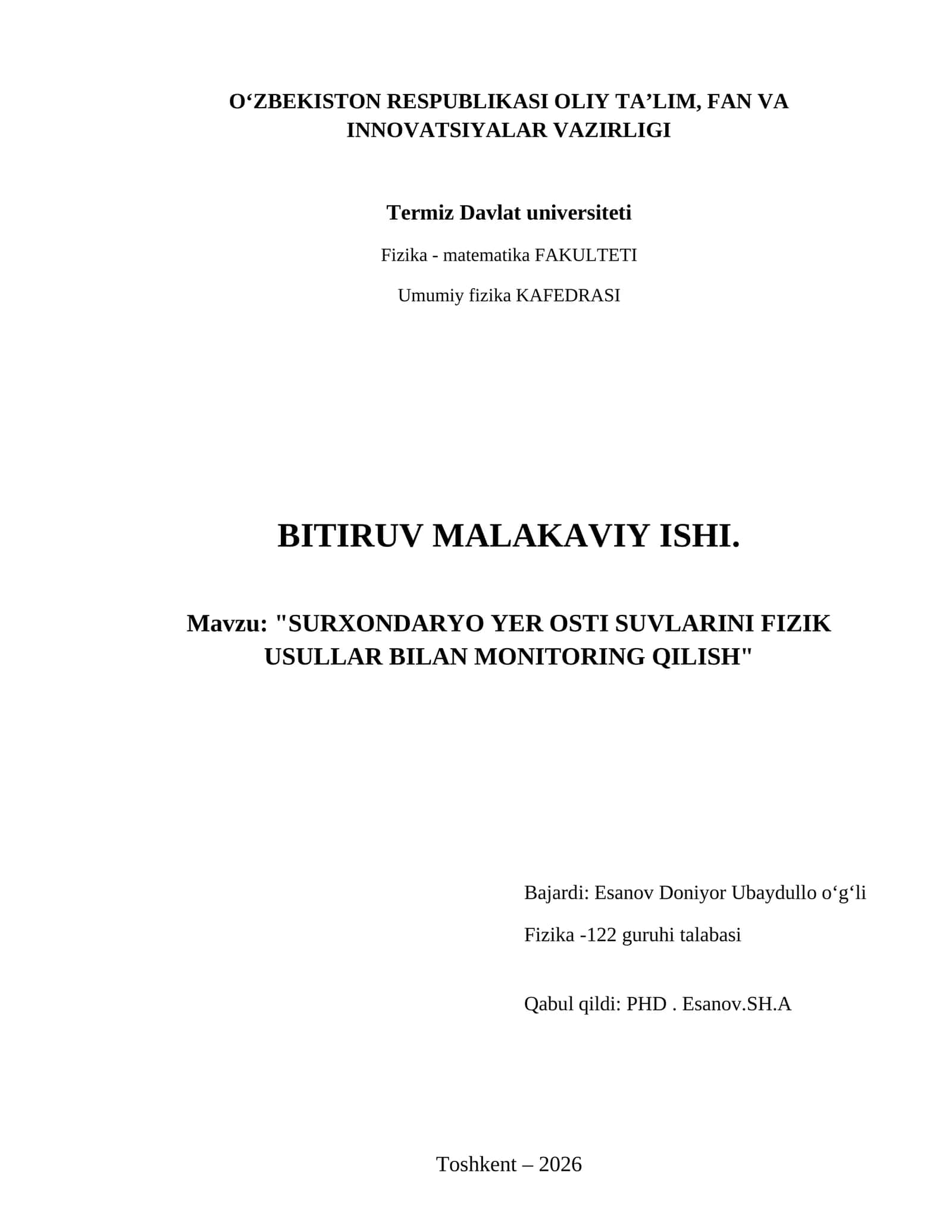 Surxondaryo yer osti suvlarini fizik usullar bilan monitoring qilish