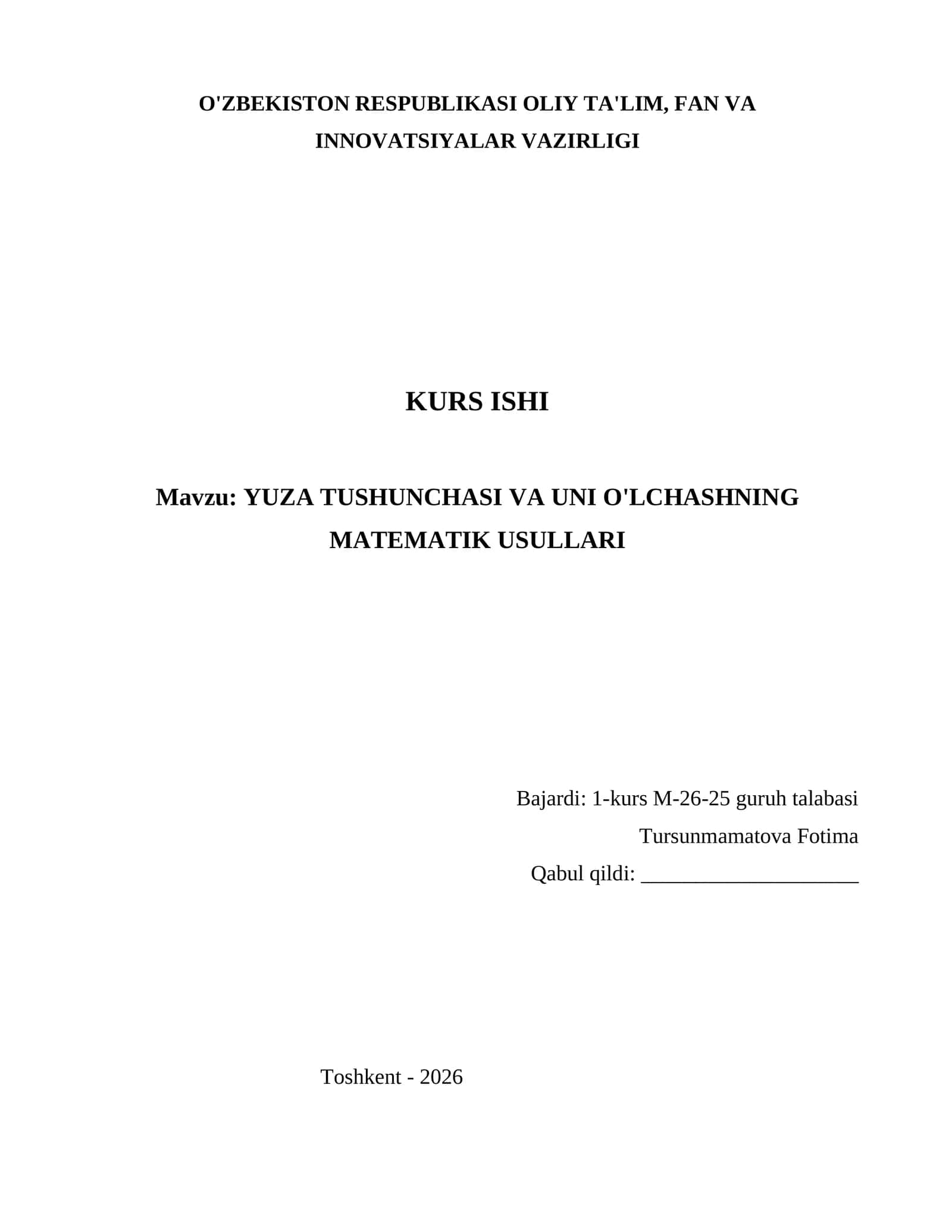 YUZA TUSHUNCHASI VA UNI O'LCHASHNING MATEMATIK USULLARI