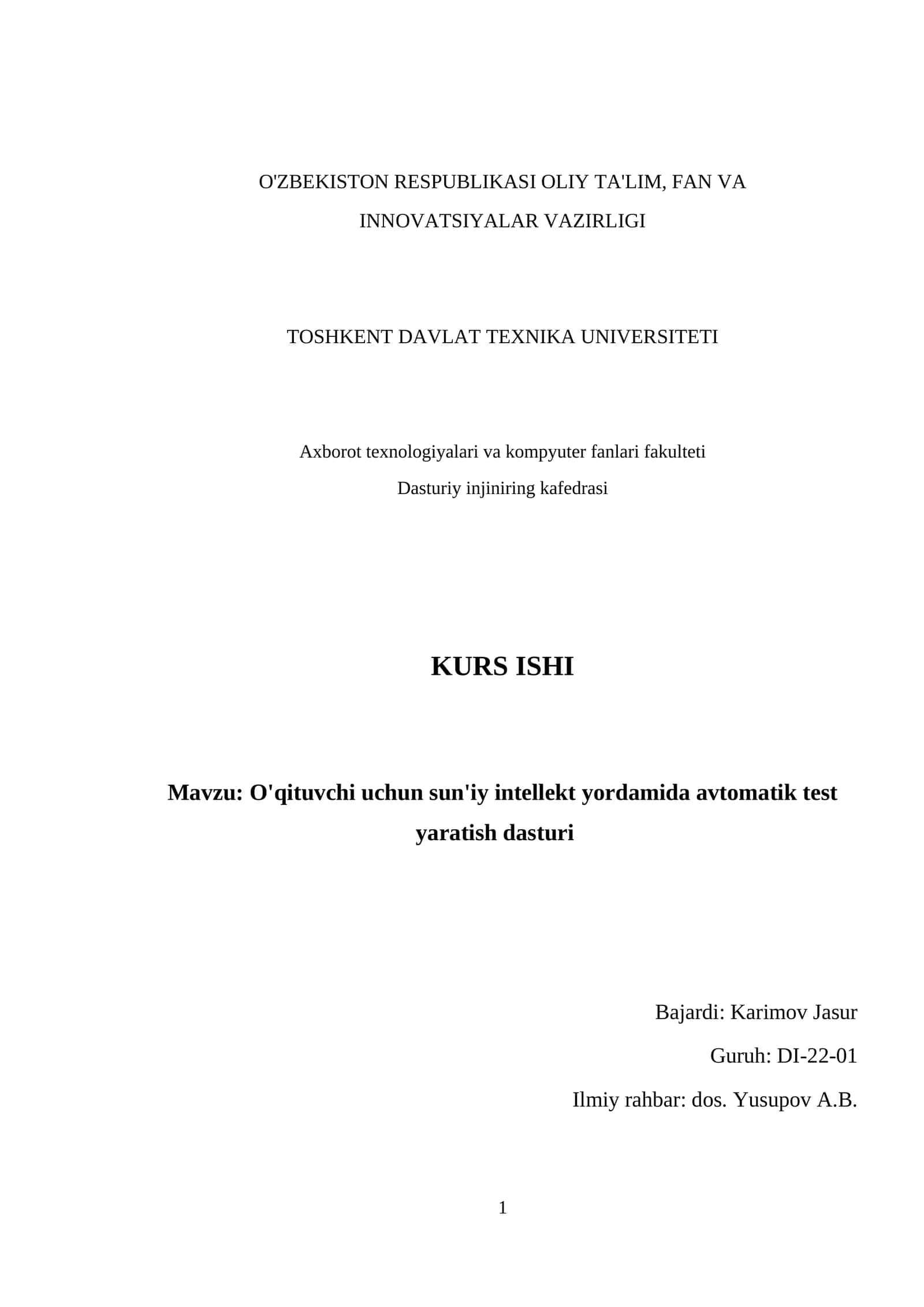 O'qituvchi uchun sun'iy intellekt yordamida avtomatik test yaratish dasturi