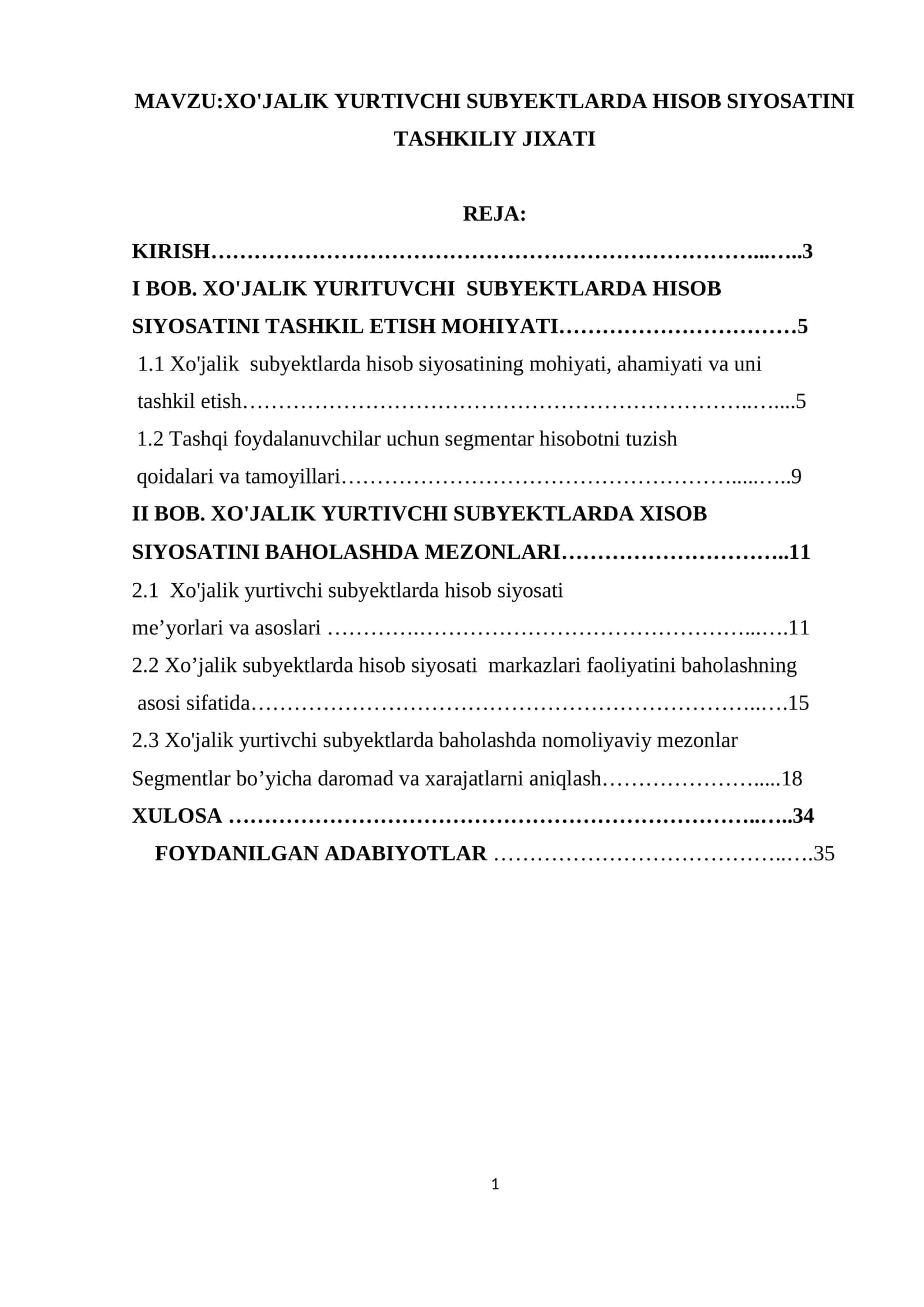 XO'JALIK YURTIVCHI SUBYEKTLARDA HISOB SIYOSATINI TASHKILIY JIXATI
