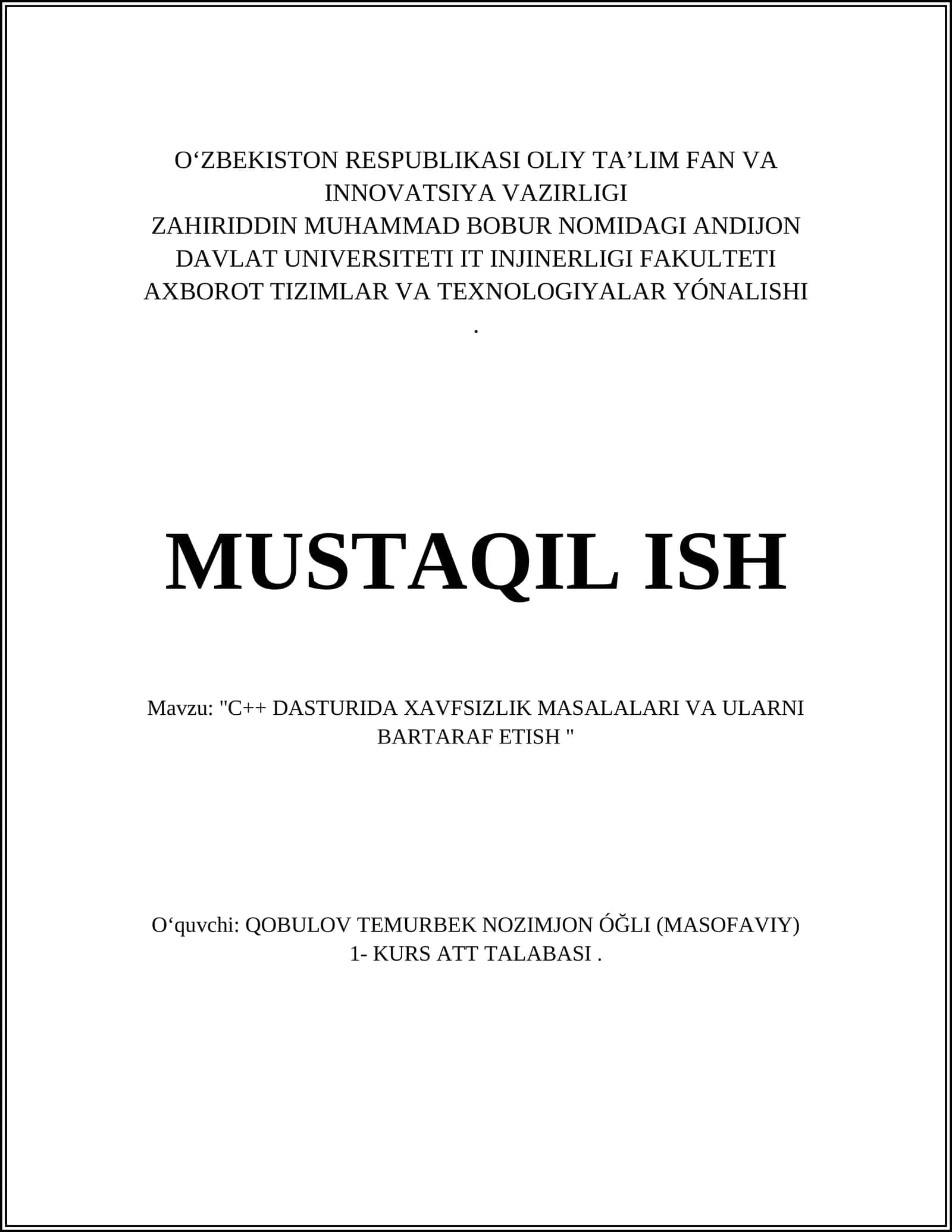 "C++ DASTURIDA XAVFSIZLIK MASALALARI VA ULARNI BARTARAF ETISH"