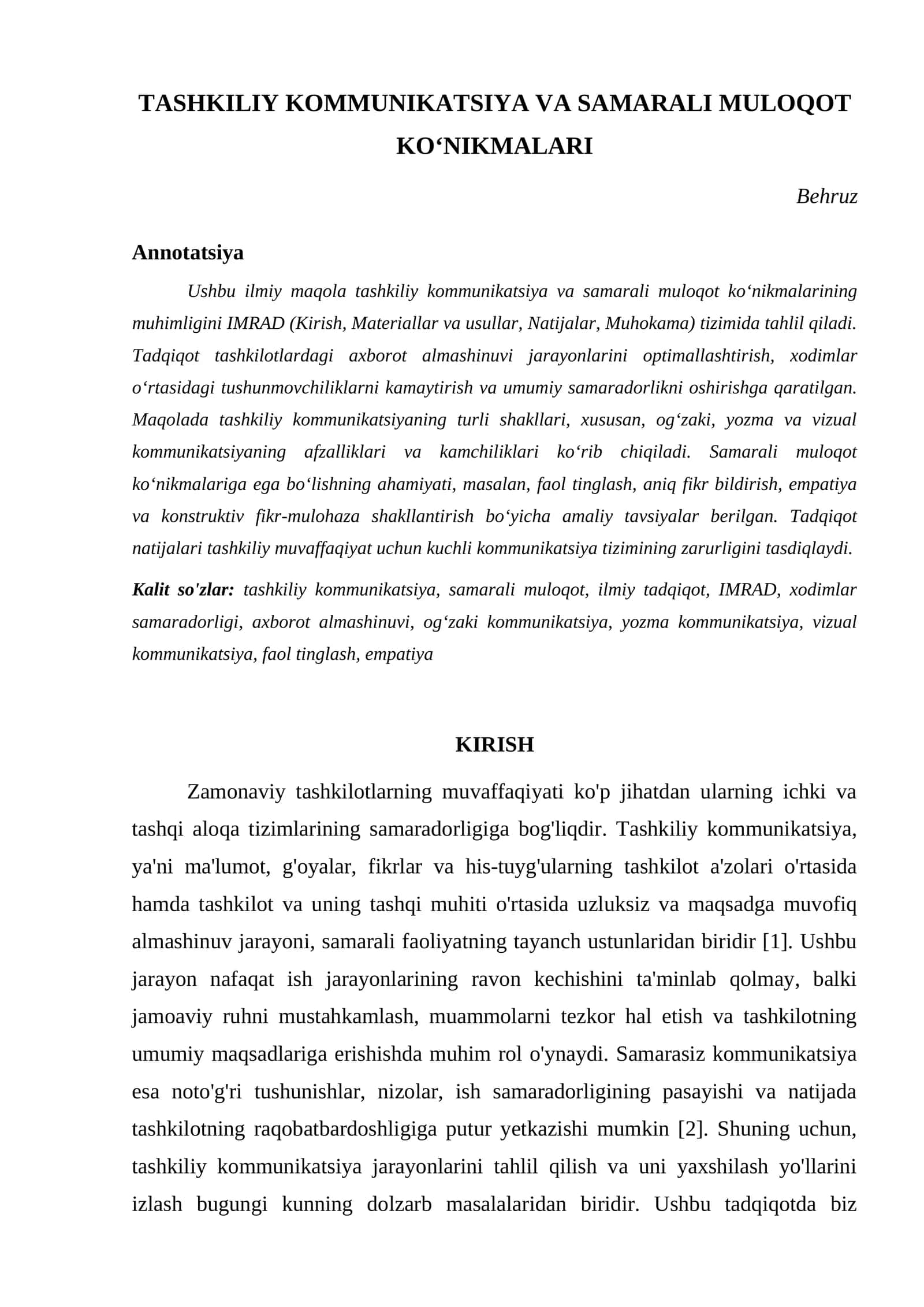 TASHKILIY KOMMUNIKATSIYA VA SAMARALI MULOQOT KOʻNIKMALARI