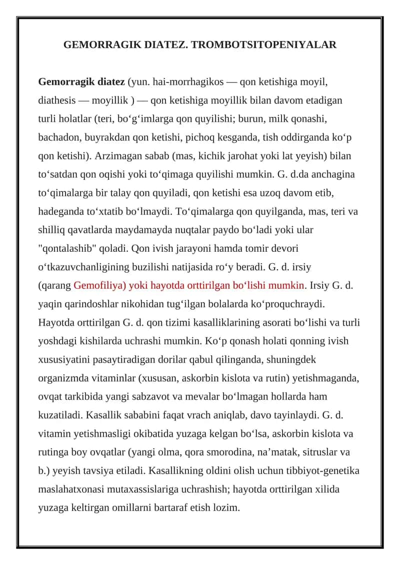Gemorragik diatez. Trombotsitopeniyalar
