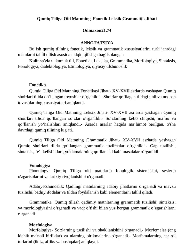 Qumiq Tiliga Oid Matnning Fonetik Leksik Grammatik Jihati