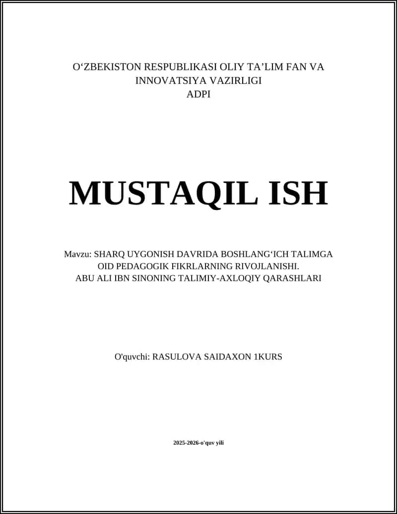 Abu Ali Ibn Sinoning Talimiy-Axloqiy Qarashlari