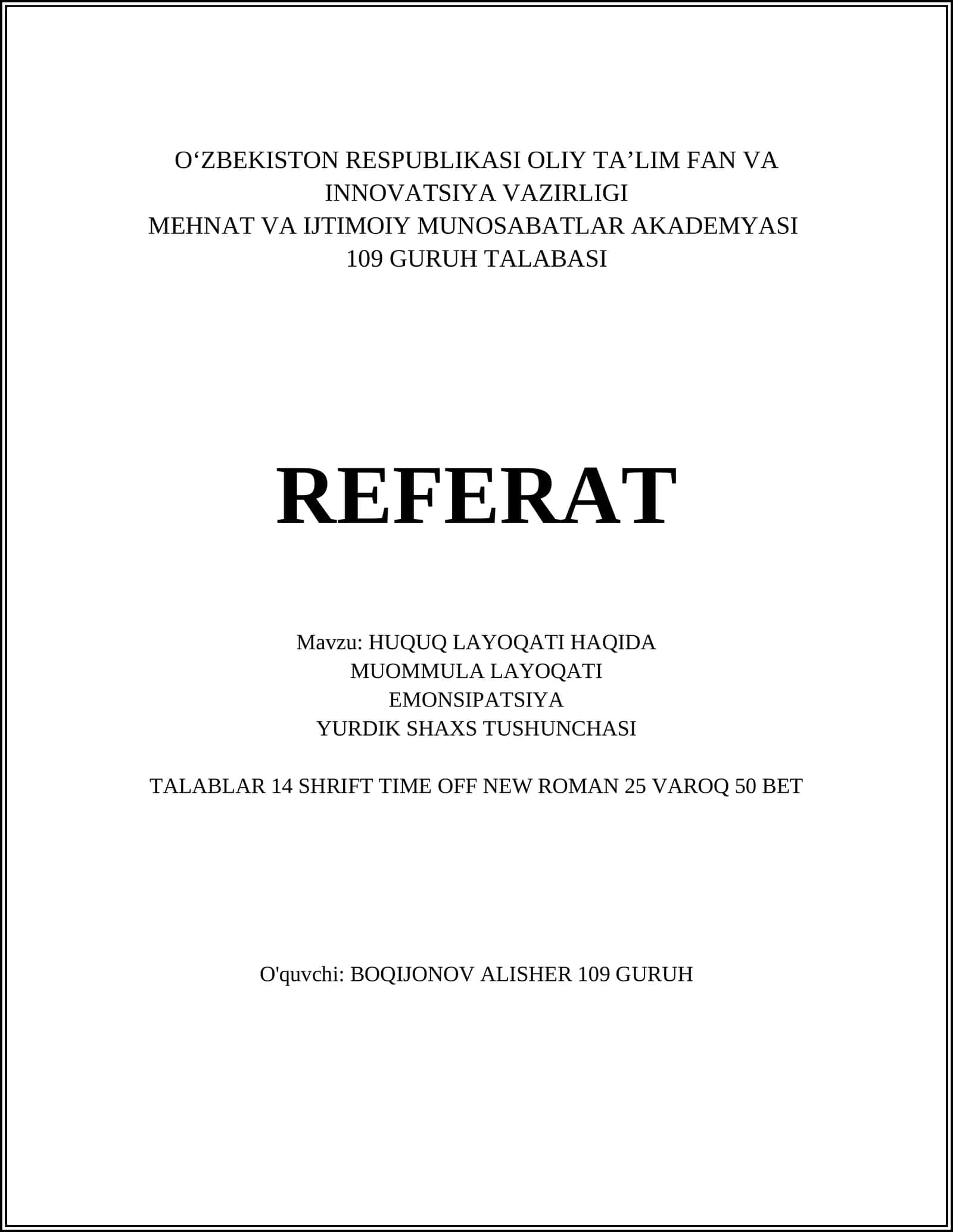 REFERAT HUQUQ LAYOQATI HAQIDA