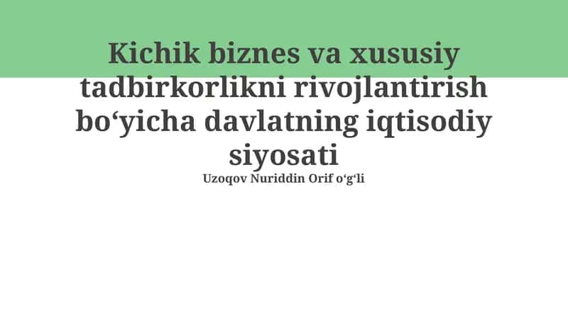 Kichik biznes va xususiy tadbirkorlikni rivojlantirish bo'yicha davlatning iqtisodiy siyosati