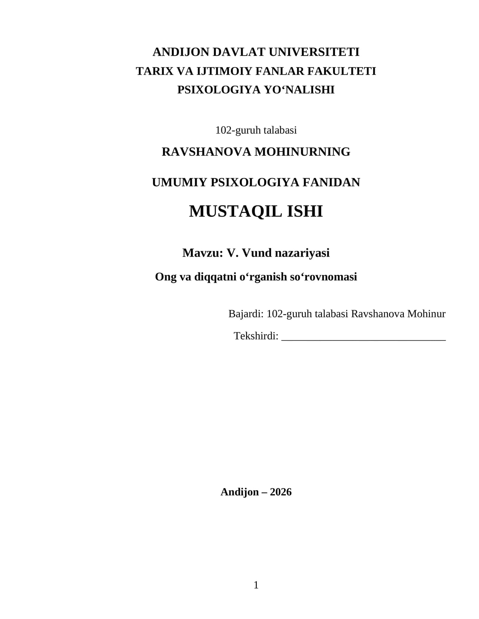 UMUMIY PSIXOLOGIYA FANIDAN MUSTAQIL ISHI