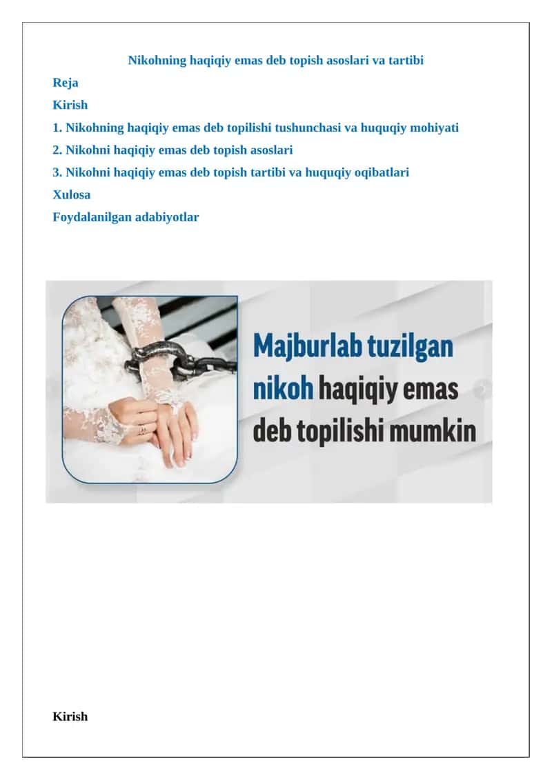 Nikohning haqiqiy emas deb topish asoslari va tartibi
