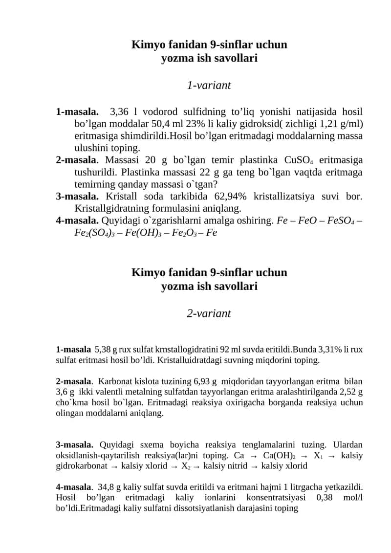 Kimyo fanidan 9-sinflar uchun yozma ish savollari