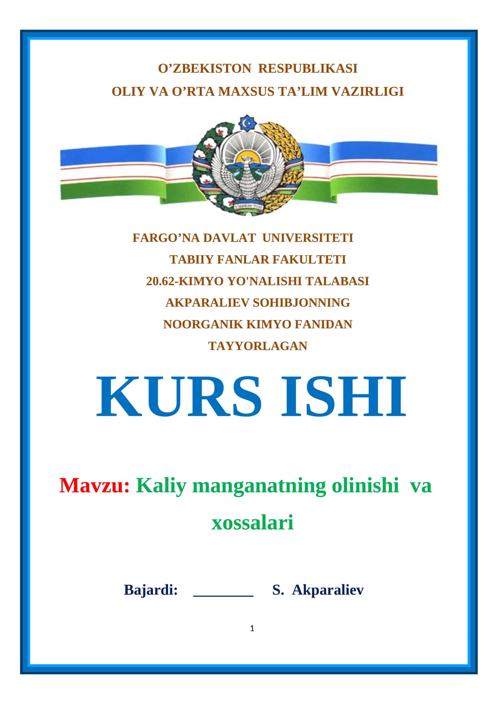 Kaliy manganatning olinishi va xossalari