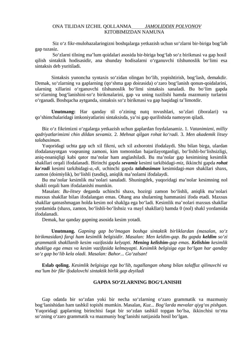 ONA TILIDAN IZCHIL QOLLANMA JAMOLIDDIN POLVONOV