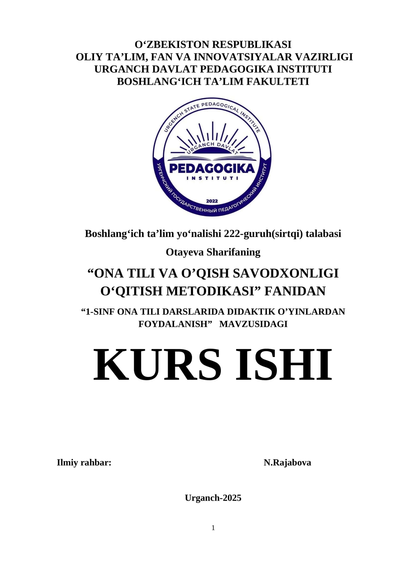 1-SINF ONA TILI DARSLARIDA DIDAKTIK O’YINLARDAN FOYDALANISH