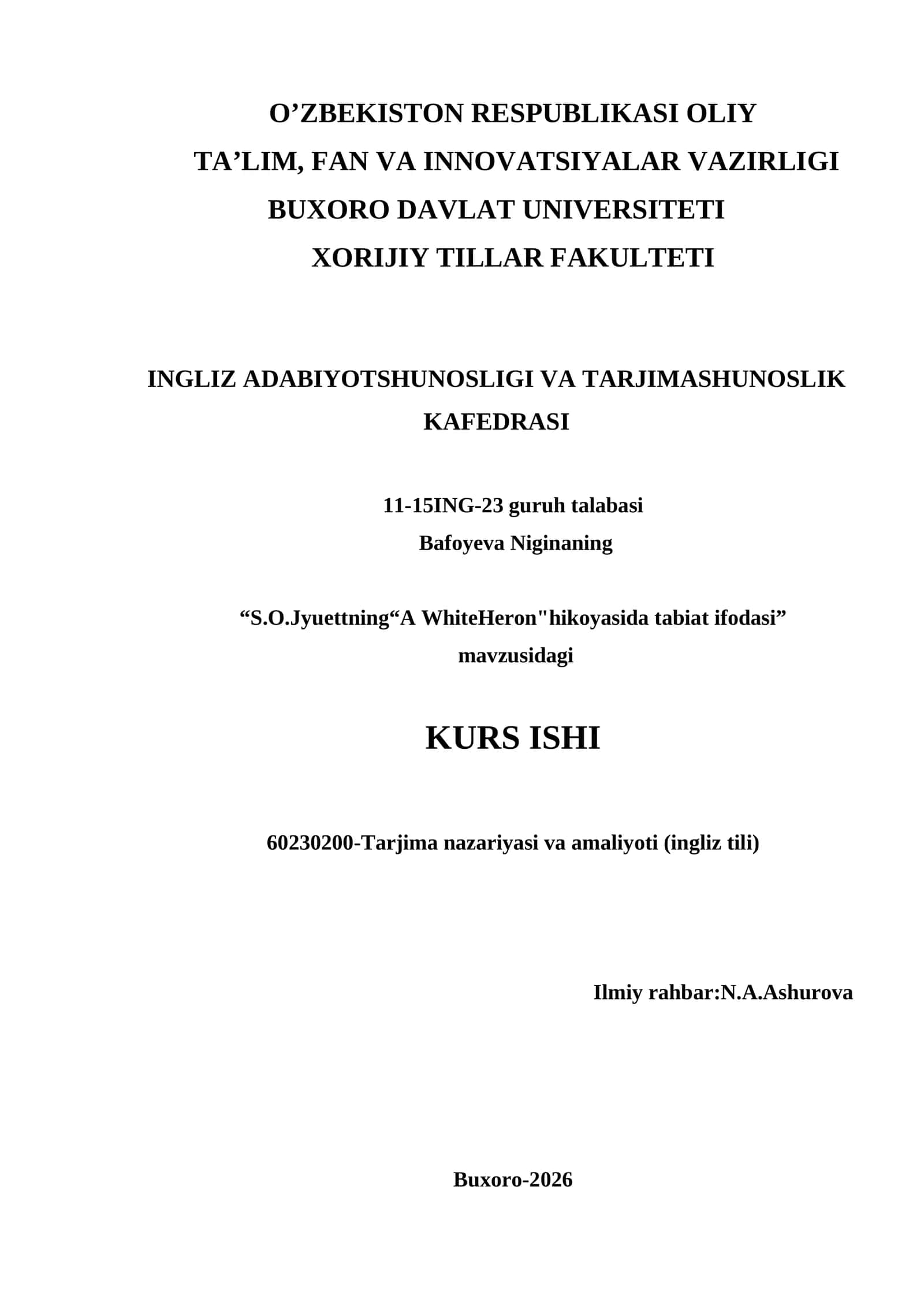 S.O.Jyuettning“A WhiteHeron"hikoyasida tabiat ifodasi” mavzusidagi KURS ISHI