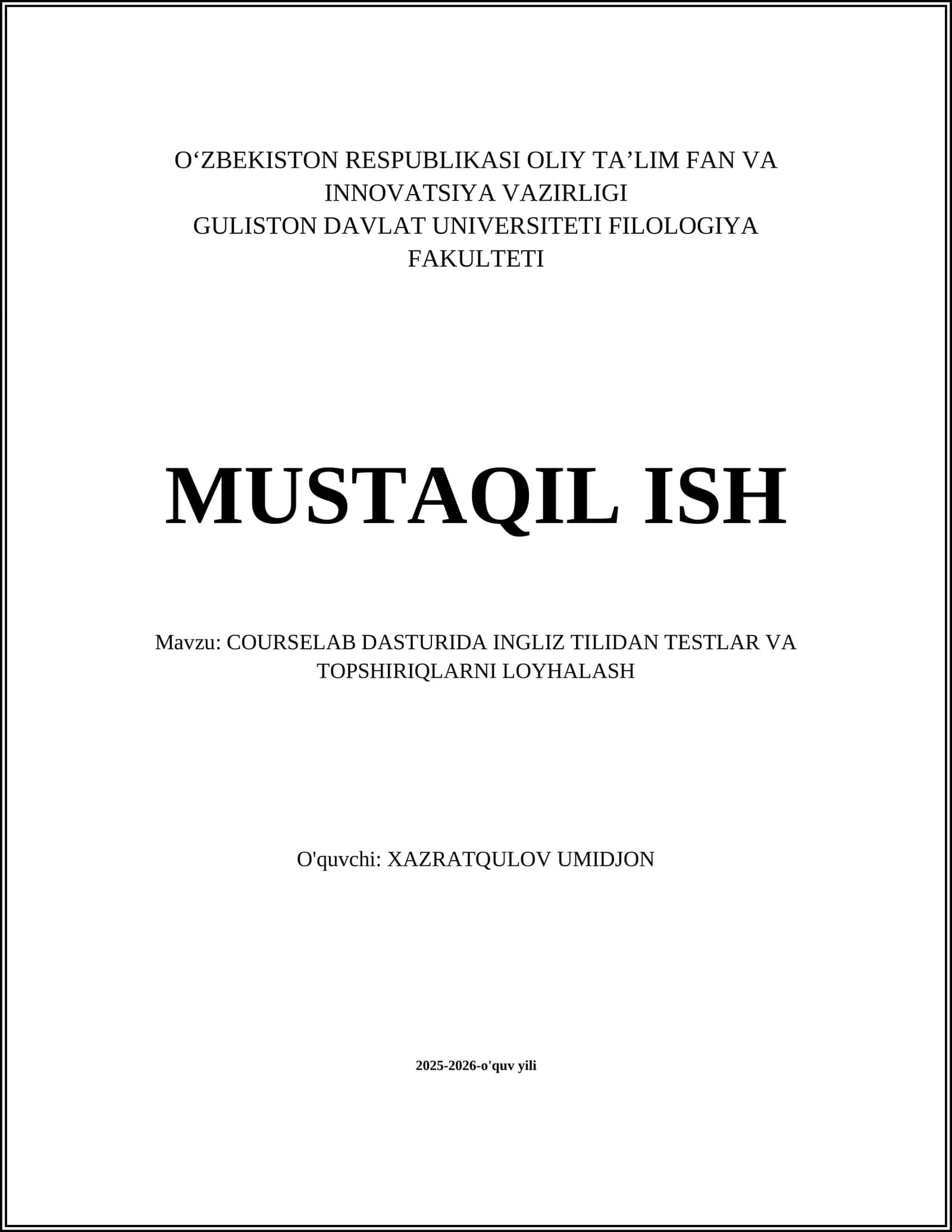 CourseLab dasturida Ingliz tilidan testlar va topshiriqalarni loyhalash
