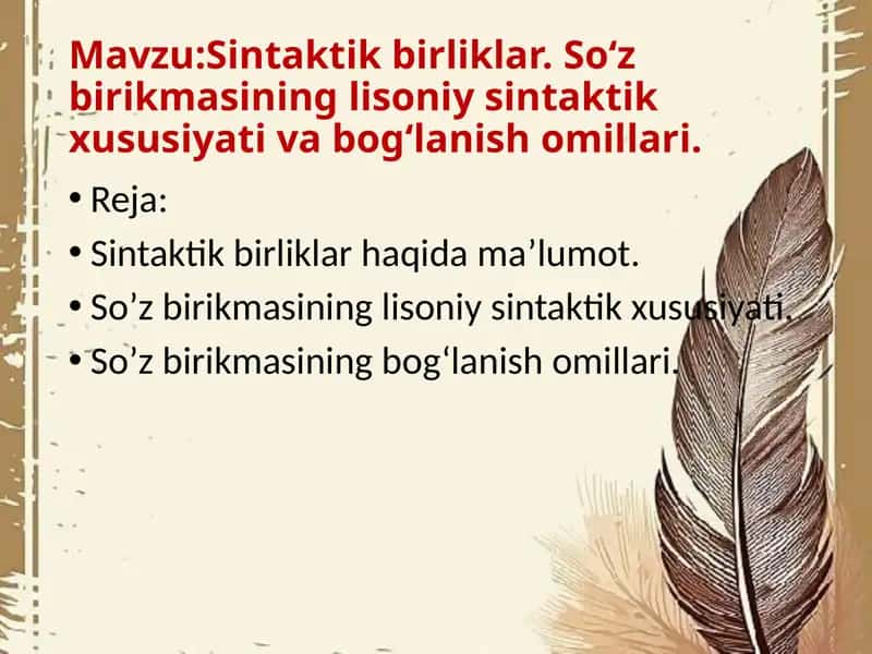 Sintaktik birliklar. Soʻz birikmasining lisoniy sintaktik xususiyati va bogʻlanish omillari