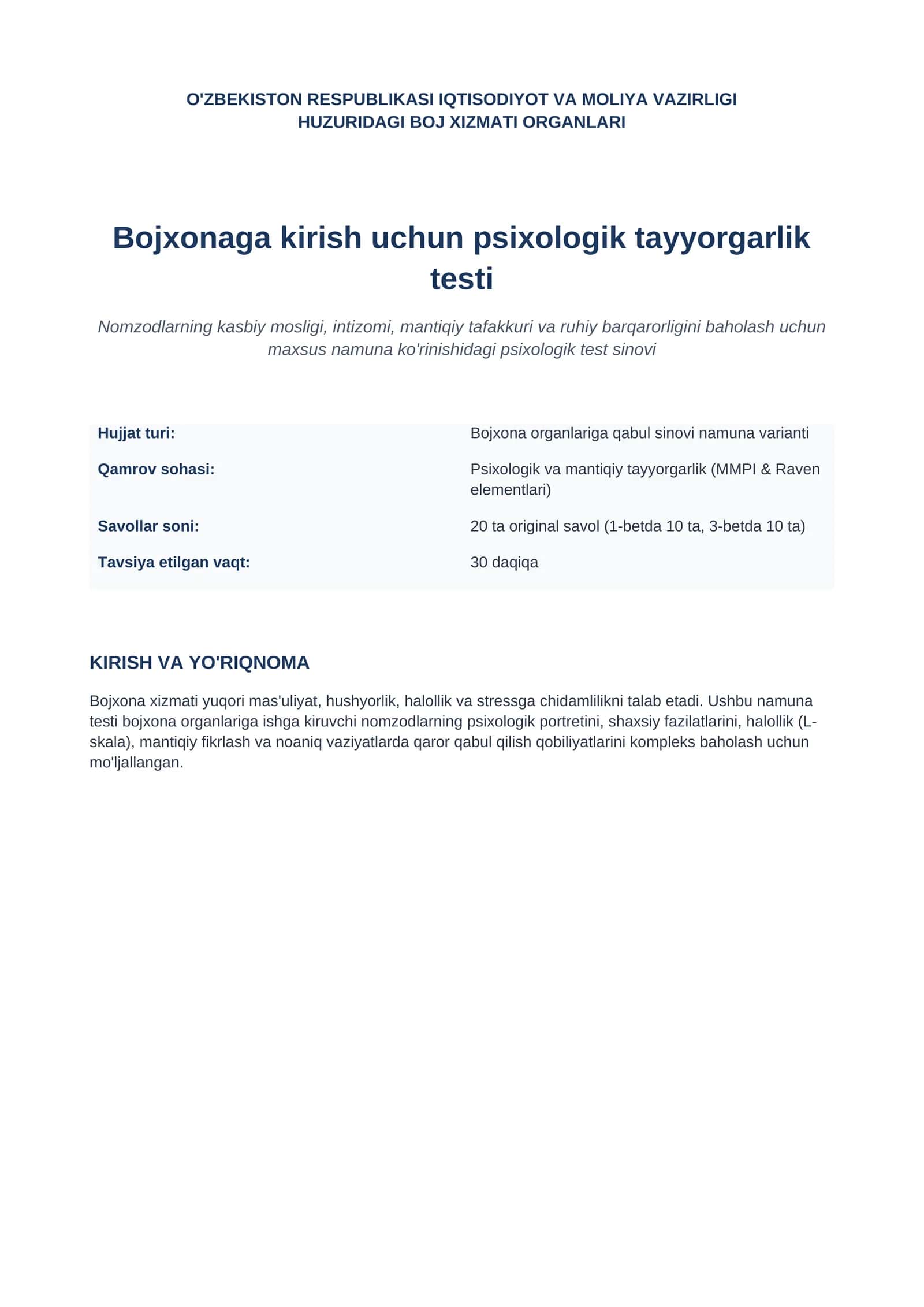 Bojxonaga Psixologik tayyorgarlik testi 2026