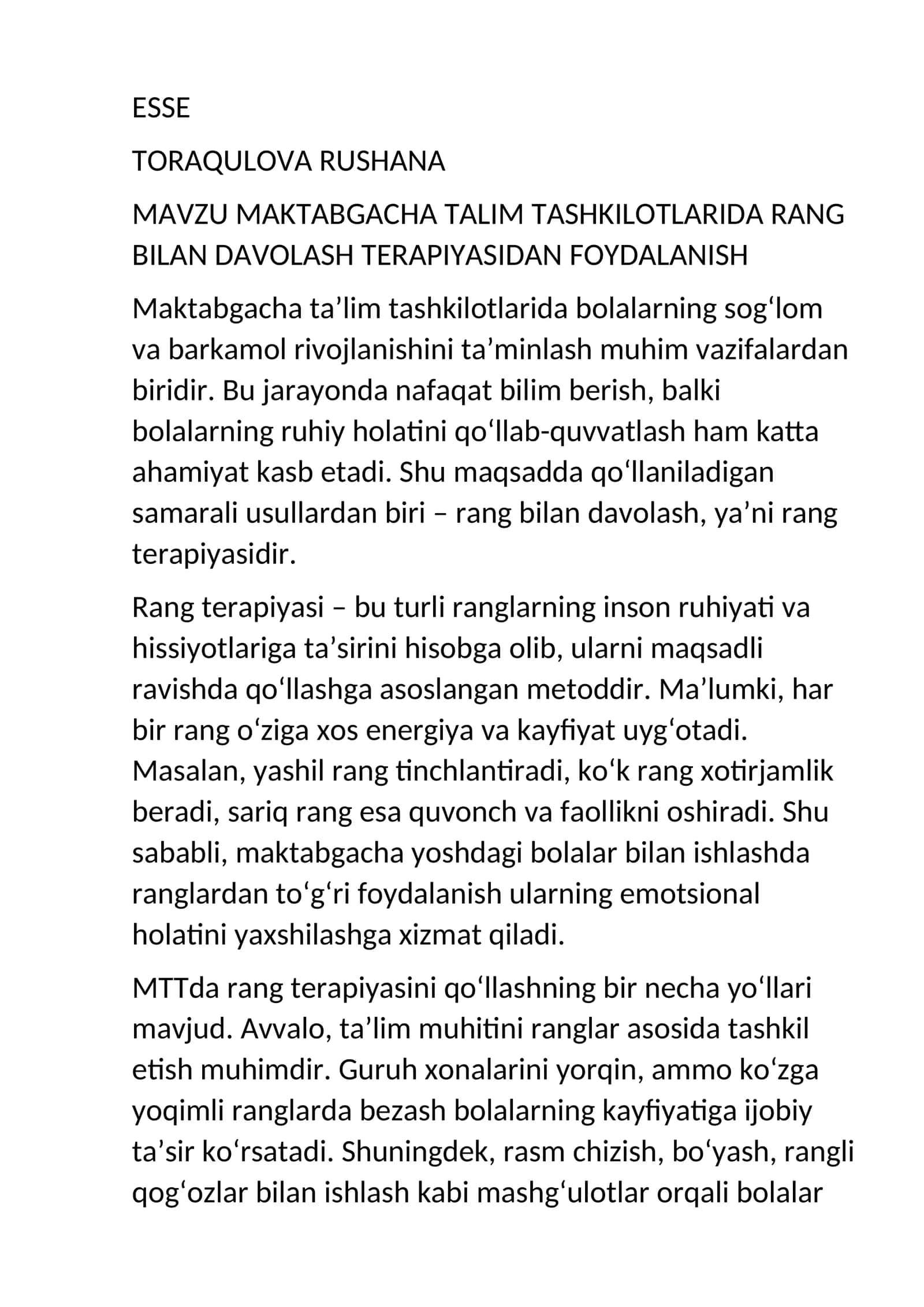 MAKTABGACHA TALIM TASHKILOTLARIDA RANG BILAN DAVOLASH TERAPIYASIDAN FOYDALANISH