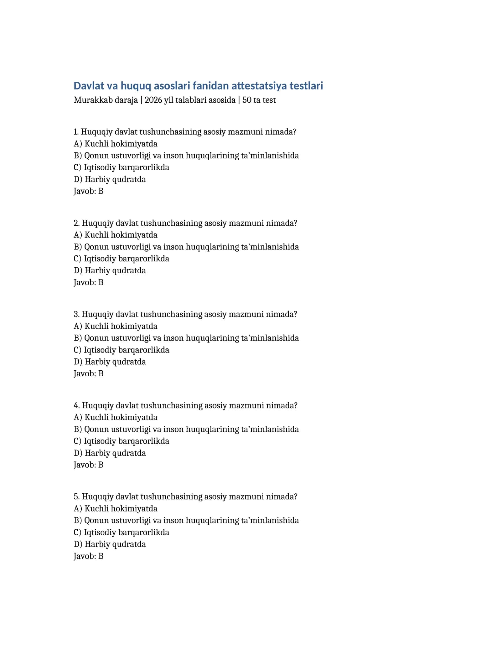 Davlat va huquq asoslari fanidan attestatsiya testlari