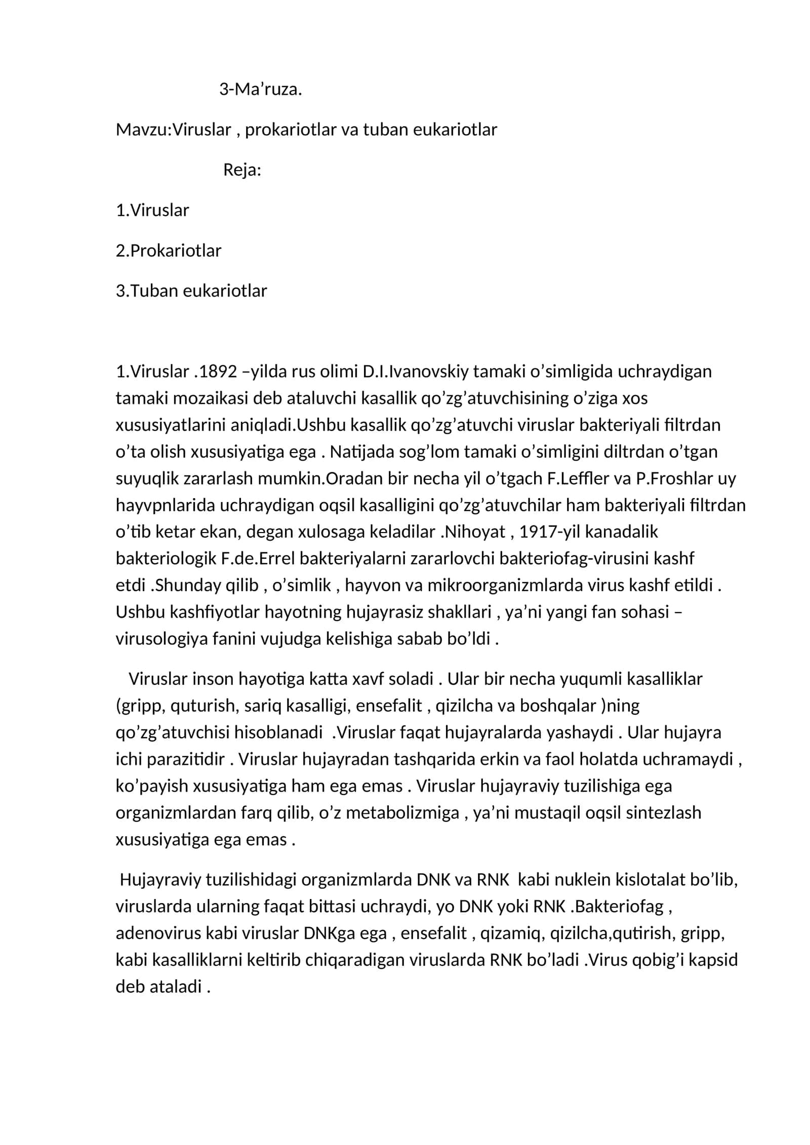 Viruslar, prokariotlar va tuban eukariotlar
