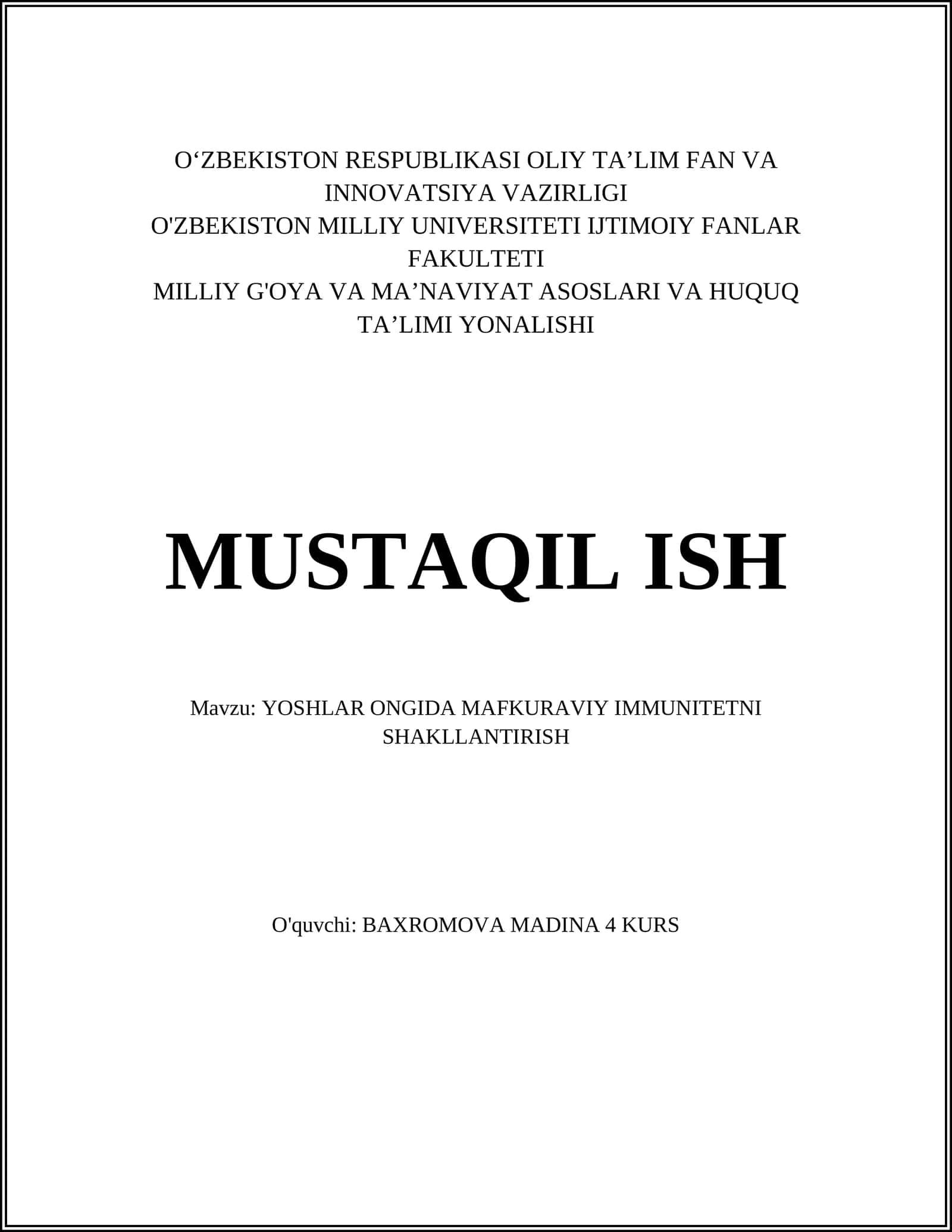 YOSHLAR ONGIDA MAFKURAVIY IMMUNITETNI SHAKLLANTIRISH