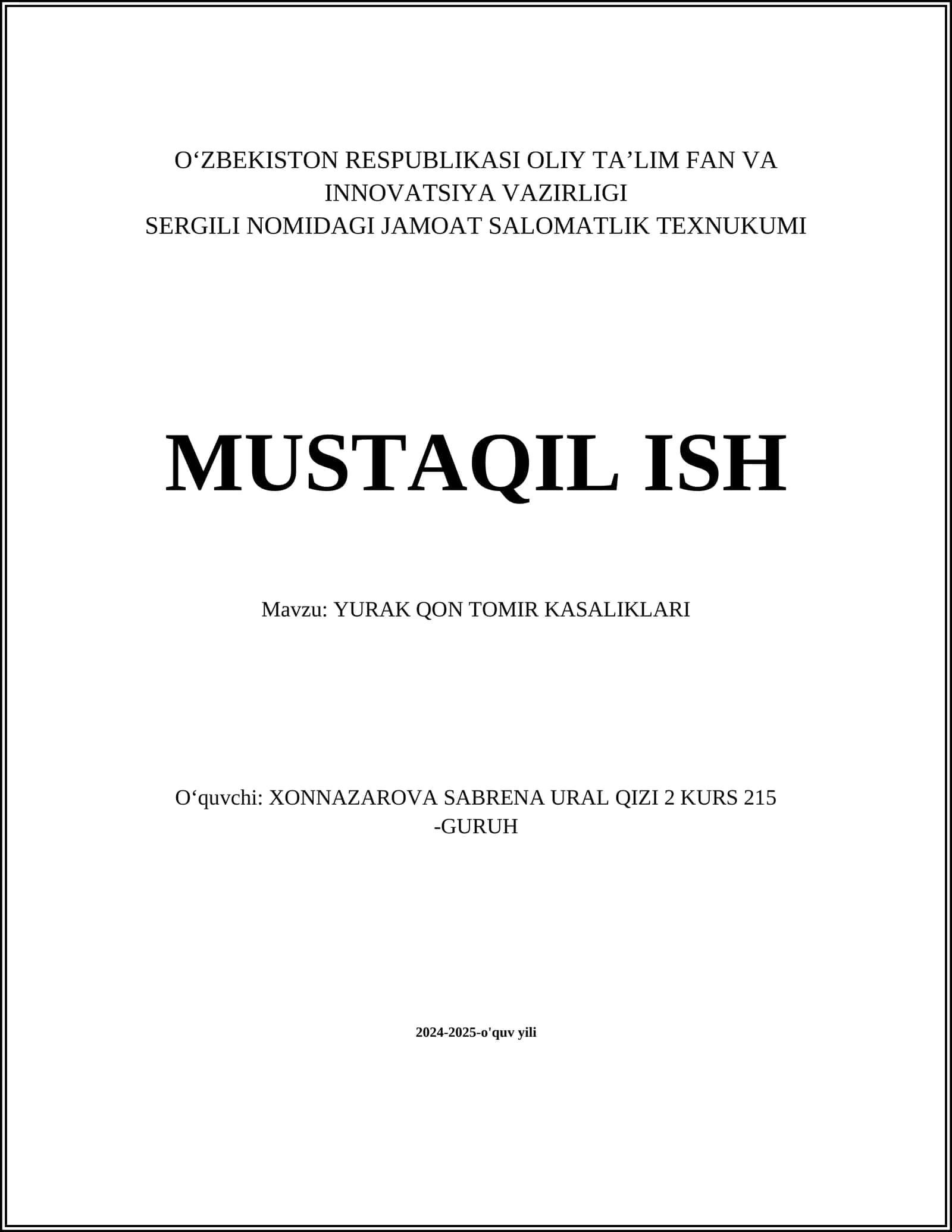 YURAK QON TOMIR KASALIKLARI