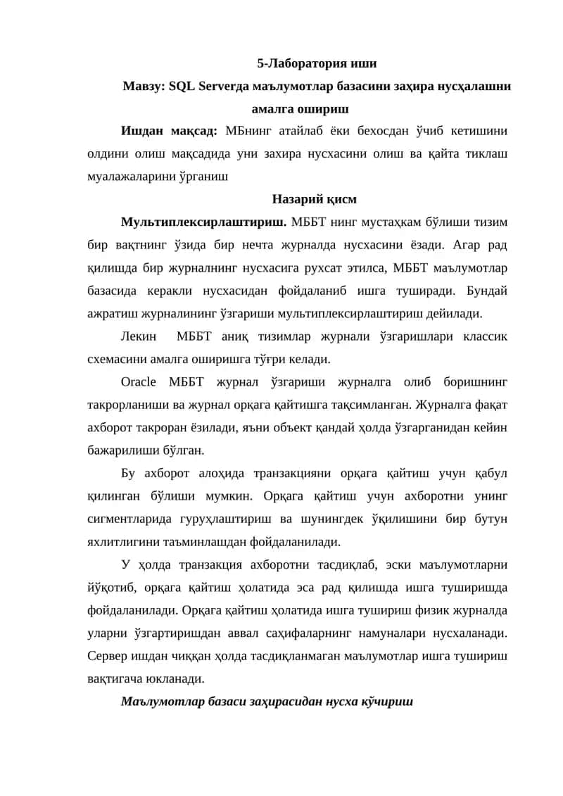 SQL Serverda ma'lumotlar bazasini zahira nusxalash
