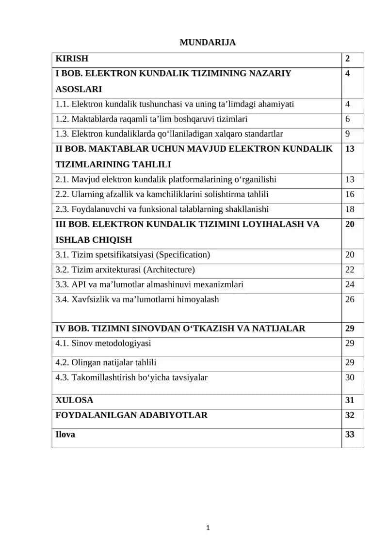 Mavjud Elektron Kundalik Tizimlarining Tahlili