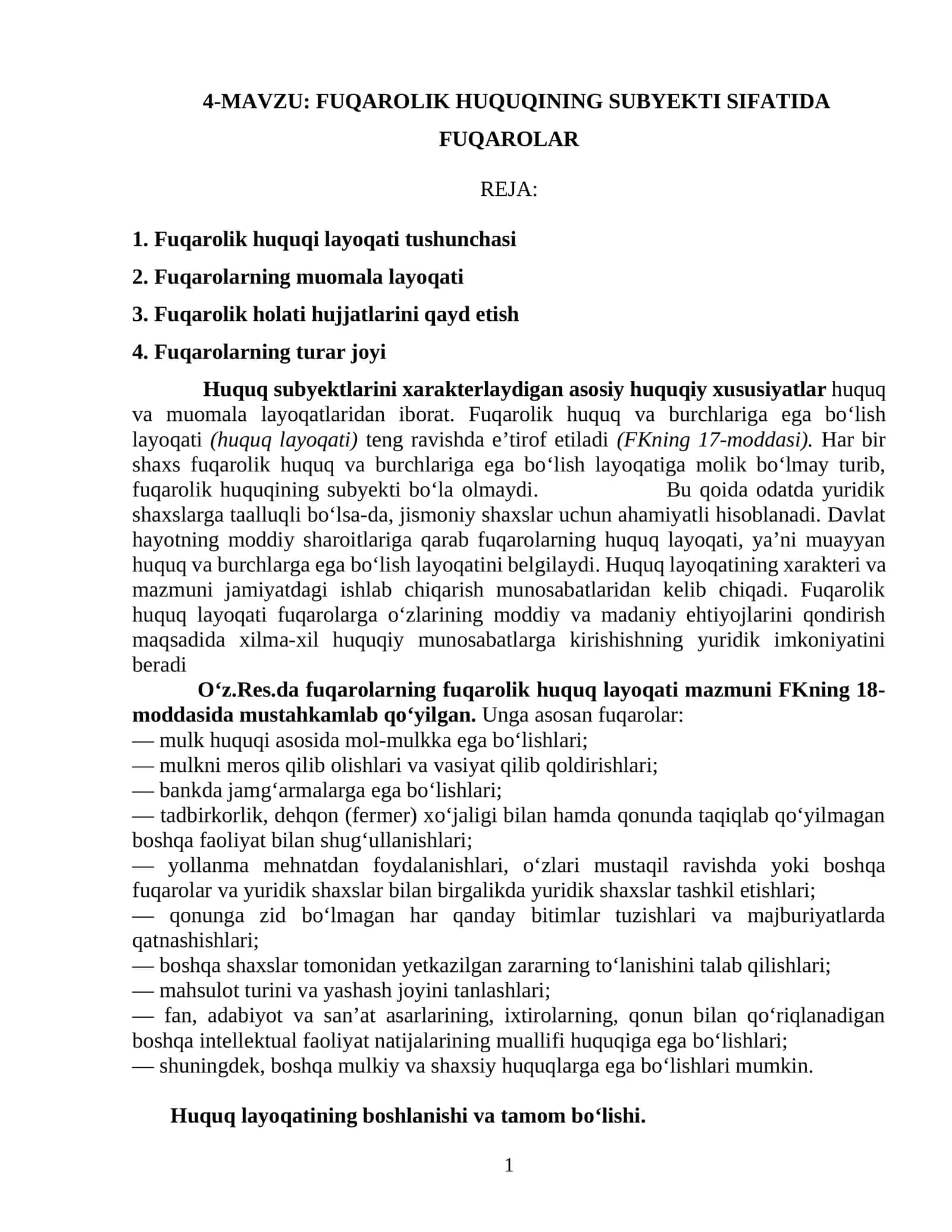 FUQAROLIK HUQUQINING SUBYEKTI SIFATIDA FUQAROLAR