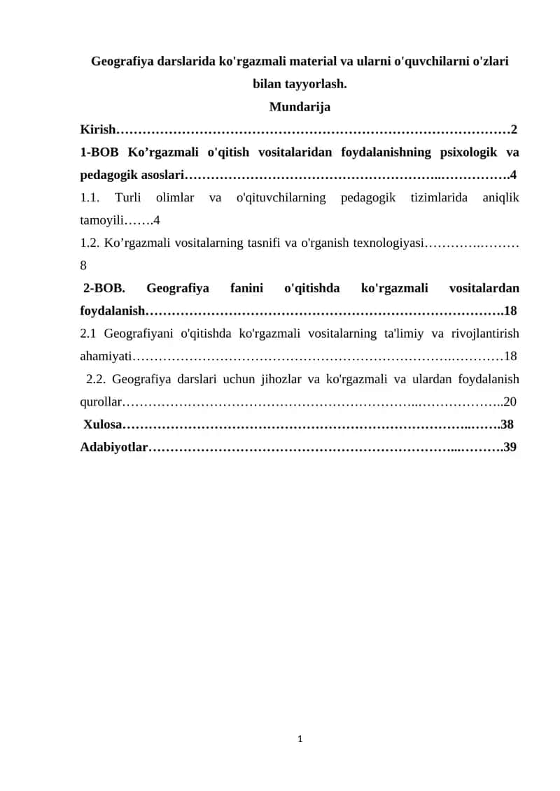Geografiya fanini o'qitishda ko'rgazmali vositalardan foydalanish