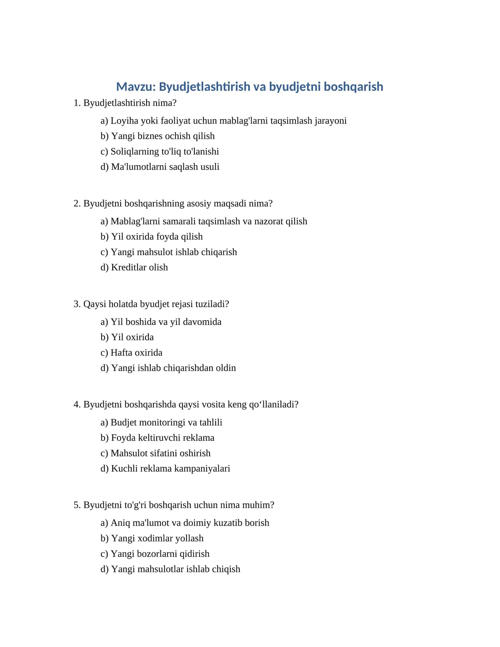 Byudjetlashtirish va byudjetni boshqarish